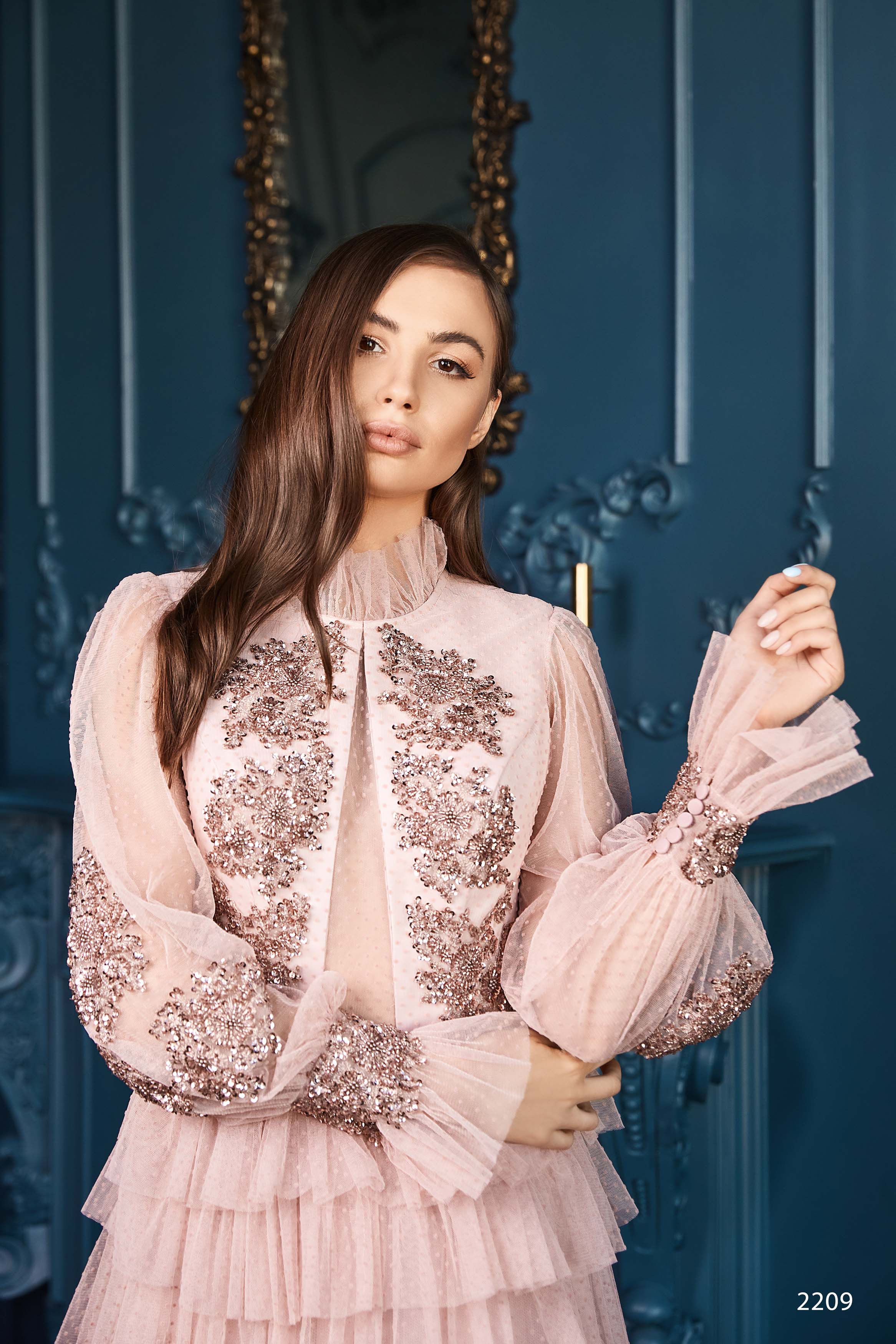 High Neck Ruffle Long Sleeve Tiered Formal Dress Powder / 6 High Neck Ruffle Long Sleeve Tiered Formal Dress Powder / 6
