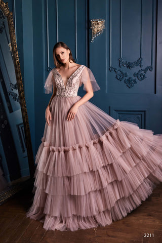 Short Sleeve Tulle Ball Gown with Tiered Ruffle Skirt - Miss Mirelle