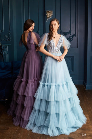 Short Sleeve Tulle Ball Gown with Tiered Ruffle Skirt - Miss Mirelle
