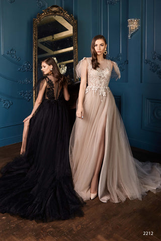 Beaded Lace A-line Evening Gown in Black - Miss Mirelle