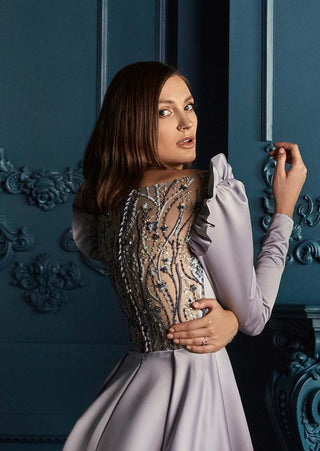Modest Long Sleeve Evening Gown with Embellished Back - Miss Mirelle