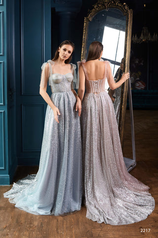 Luna * Lace up Back Prom Dress in Silver Blue or Powder - Miss Mirelle