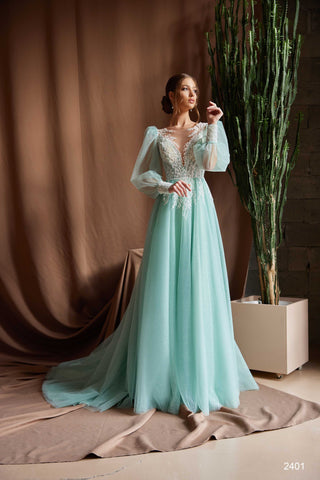 Long Sleeved Tulle Gown for Formal Occasions in Mint