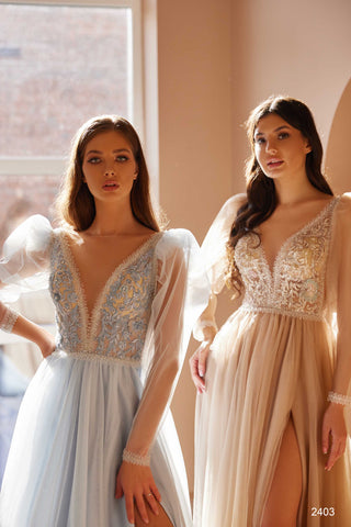 Beaded Lilac Ball Gown with Sleeves in Bohemian Style - Miss Mirelle