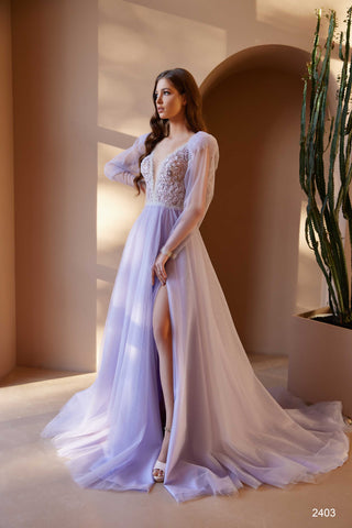 Beaded Lilac Ball Gown with Sleeves in Bohemian Style - Miss Mirelle