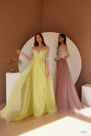 Starry Long Sleeved Evening Gown with Overskirt - Miss Mirelle