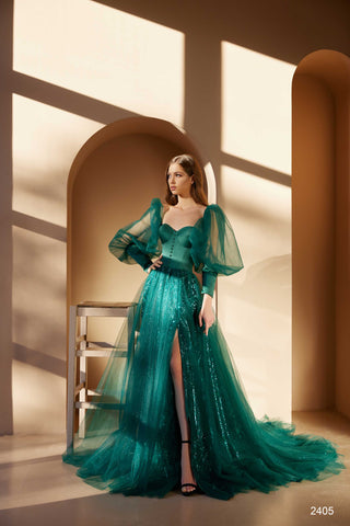 Long Formal Dress with Sleeved Bustier Top - Miss Mirelle