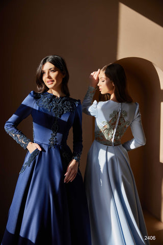 Winter Wedding Guest Dress in Navy Blue with Sleeves - Miss Mirelle