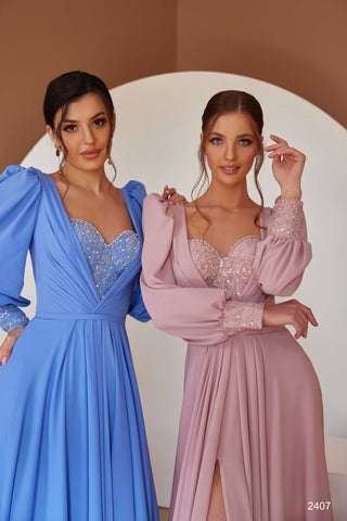Beaded Bustier Gown with Sleeves - Miss Mirelle