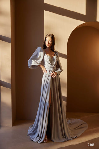 Silver Bustier Gown with Sleeves - Miss Mirelle