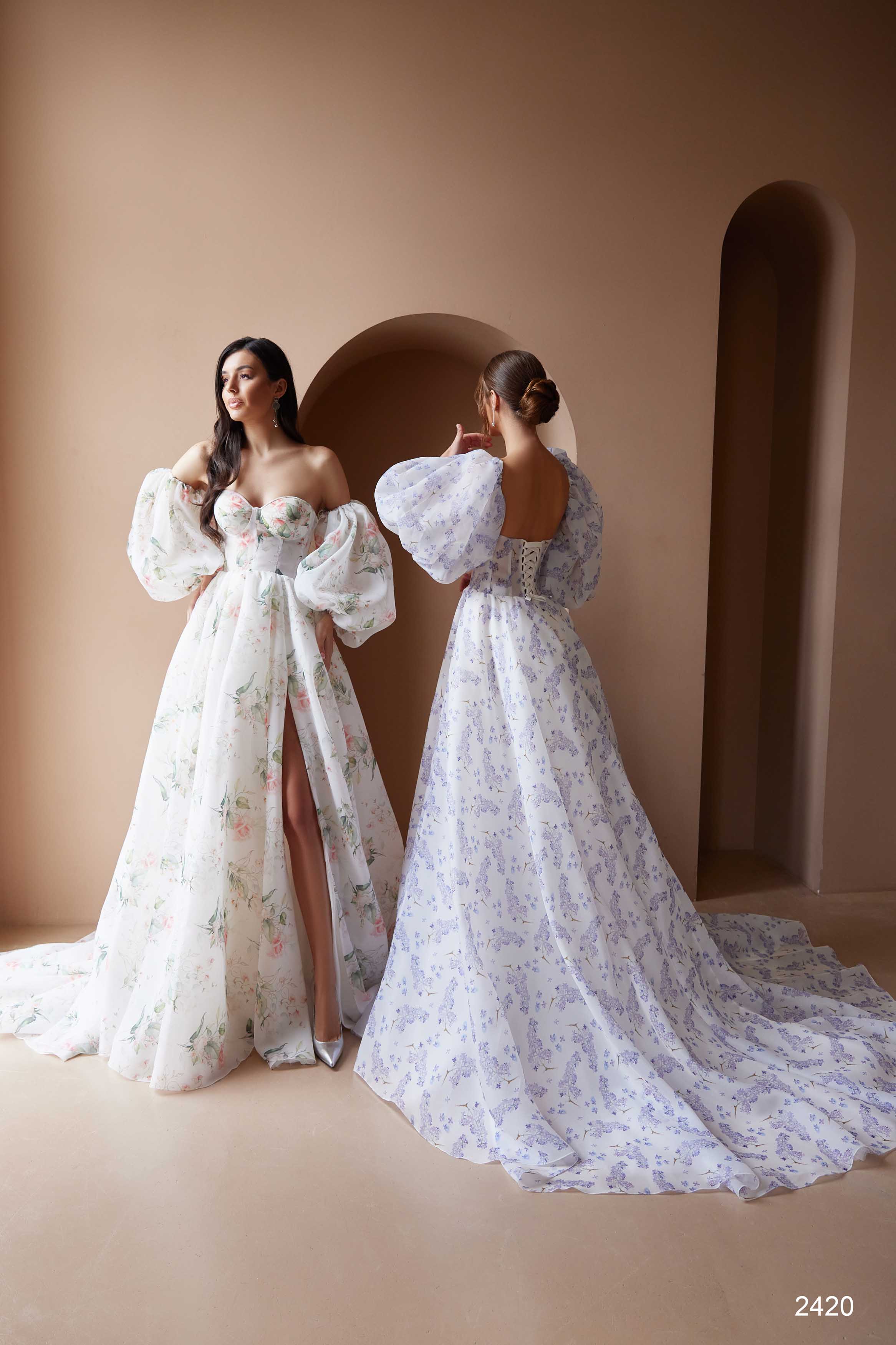 Floral Wedding Dress with Puff Sleeves Rose Print / 6 Floral Wedding Dress with Puff Sleeves Rose Print / 6