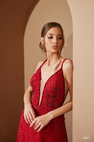 Beaded Red Evening Dress - Miss Mirelle