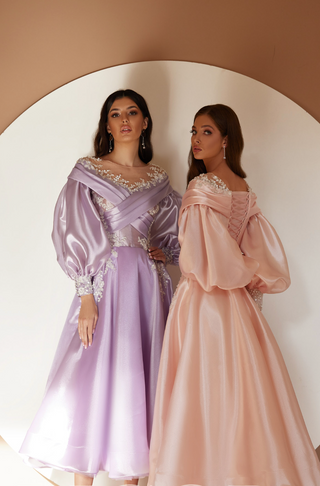 Off Shoulder Pleated Satin Formal Dress with Removable Sleeves - Miss Mirelle