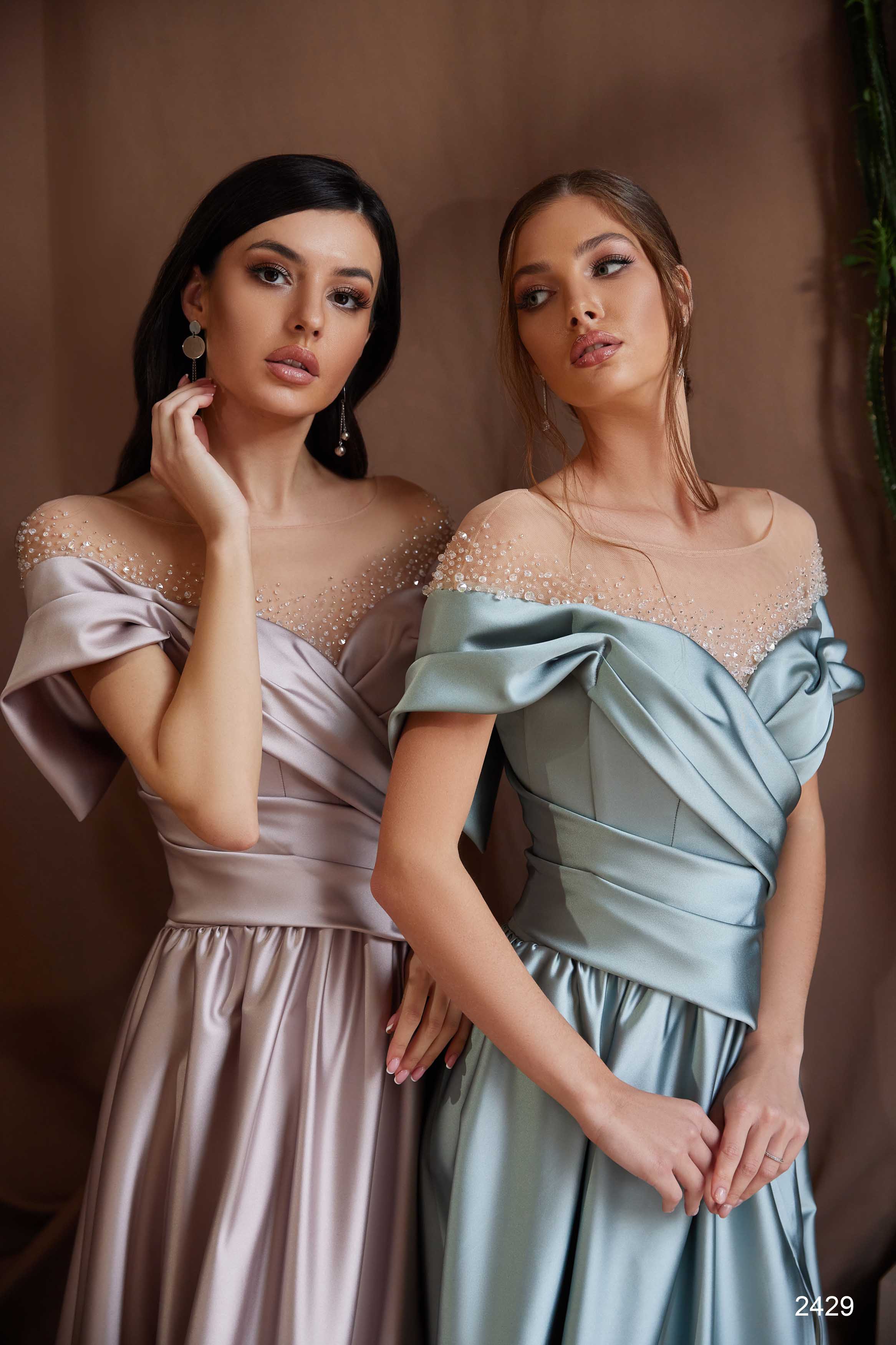 Satin Off Shoulder High Slit Bridesmaid Dress Powder / 16 Satin Off Shoulder High Slit Bridesmaid Dress Powder / 16
