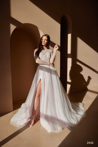 Embellished Light Blue Bridal Gown with a Slit - Miss Mirelle