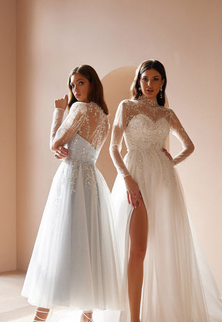 Embellished Light Blue Bridal Gown with a Slit - Miss Mirelle