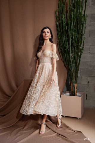 Off-the-Shoulder Midi Cappuccino Bridesmaid Dress