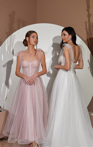 Corset Tulle Midi Dress with Tie-On Shoulders and Gloves - Miss Mirelle