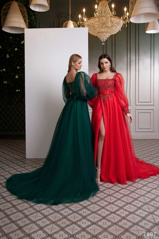 Romantic Square Neck Long Sleeve Bridesmaid Dress with a Slit - Miss Mirelle