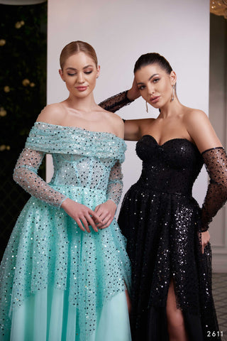 Strapless Gown with Tulle Overskirt Embellished with Sequins - Miss Mirelle