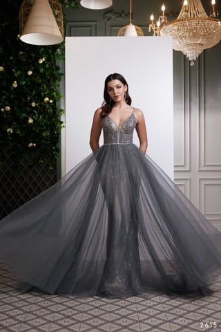 Glimmering Tulle Ball Prom Gown in Silver Graphite