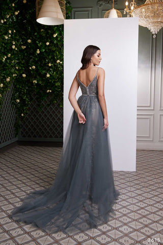 Glimmering Tulle Ball Prom Gown in Silver Graphite - Miss Mirelle