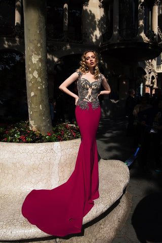 Formal Open Back Mermaid Dress with Train in Burgundy - Miss Mirelle