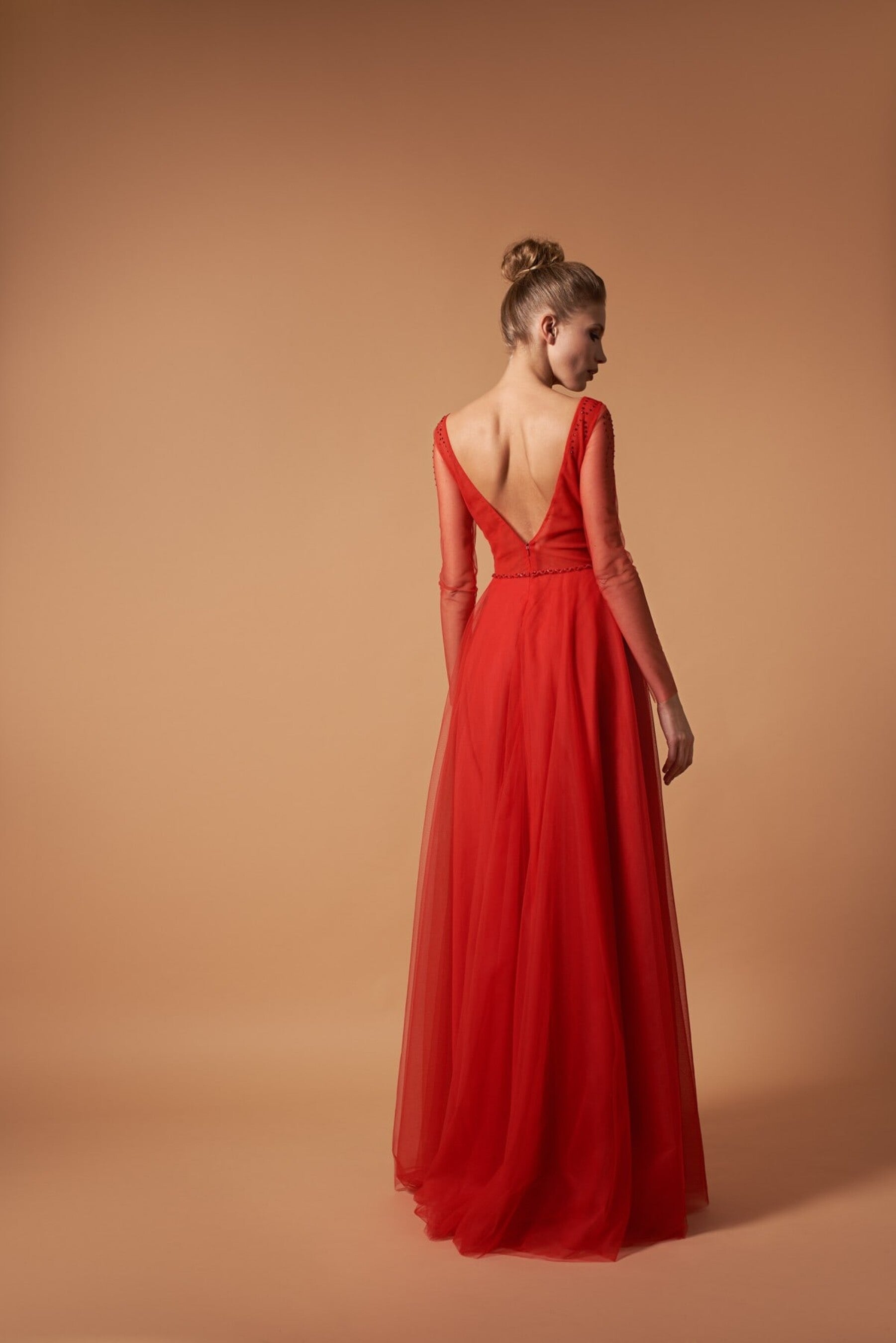 Felicia Beaded Long Sleeve Formal Dress Red / 14