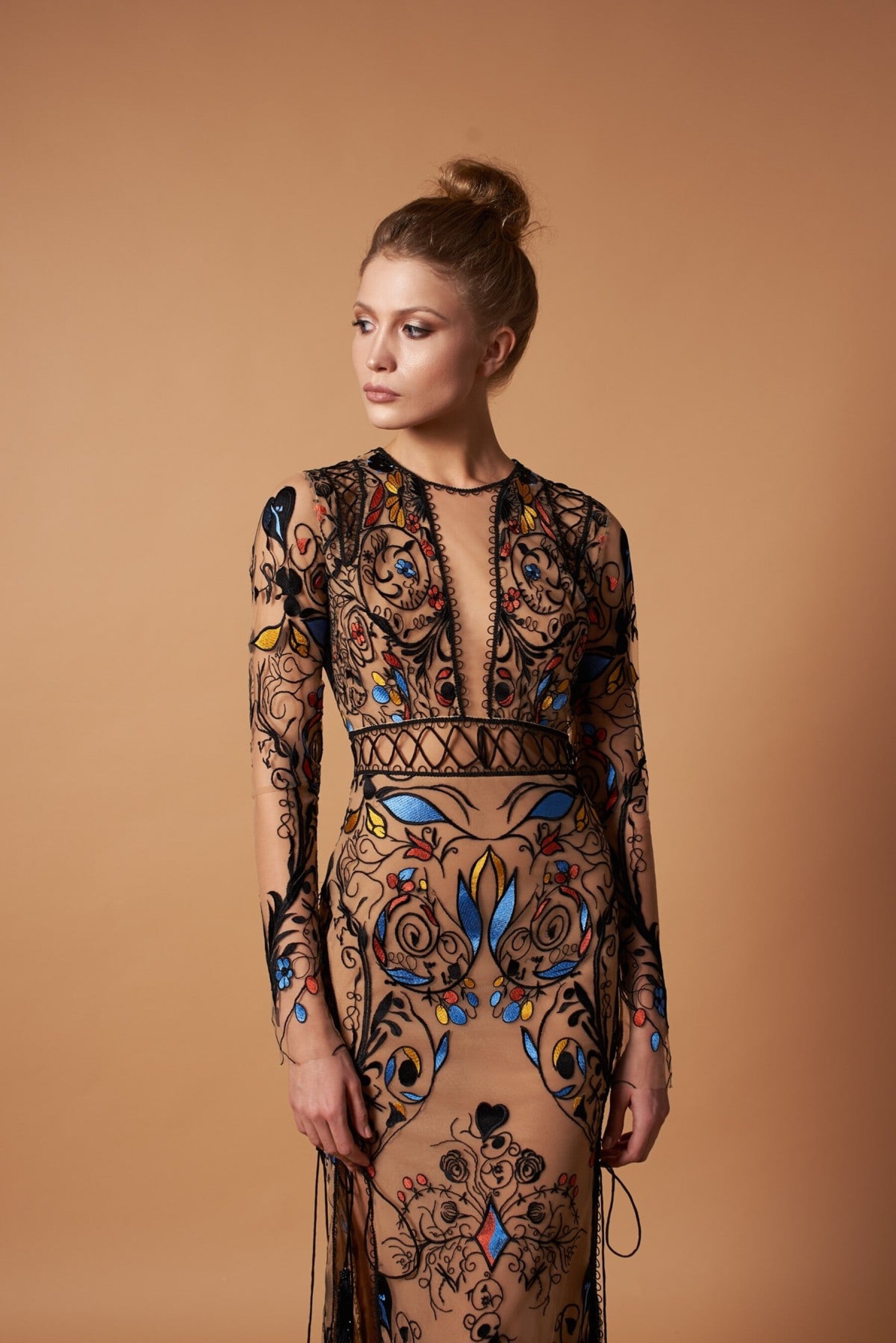 Boho Embellished Nude Effect Gown with Sleeves at Miss Mirelle Dress Canada Boho Embellished Nude Effect Gown with Sleeves at Miss Mirelle Dress Canada