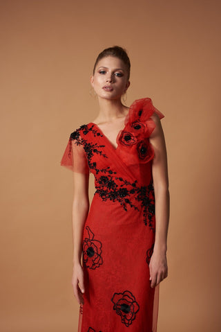 Red Formal Dress with Asymmetric Shoulders