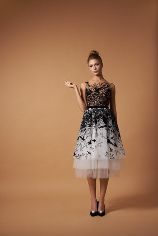 Whimsical Black and White Gown with Birds Motif - Miss Mirelle