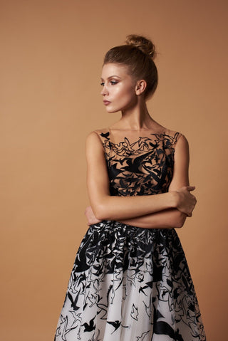 Whimsical Black and White Gown with Birds Motif - Miss Mirelle