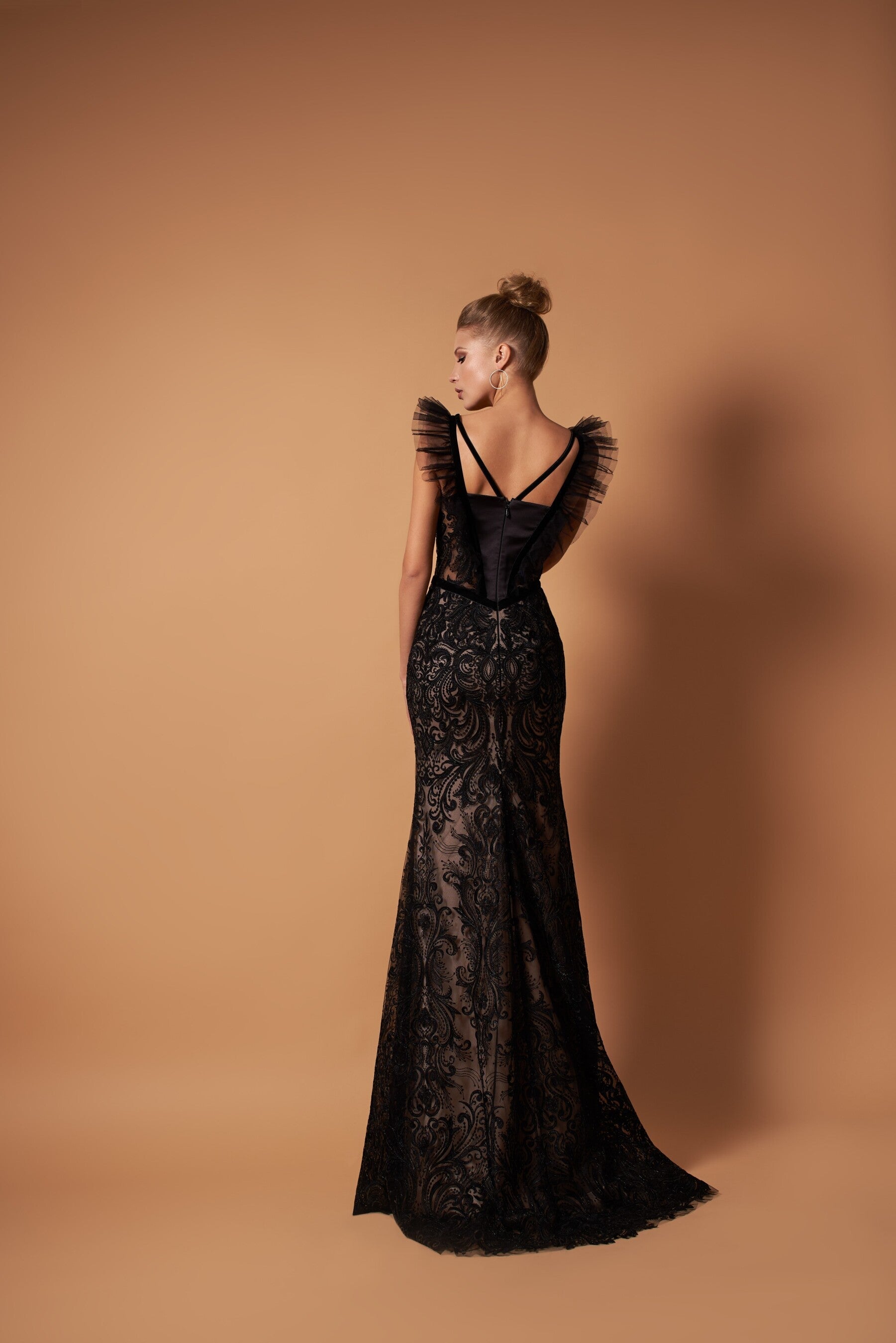 Black Couture Gown With Ruffled Shoulders - Main Image