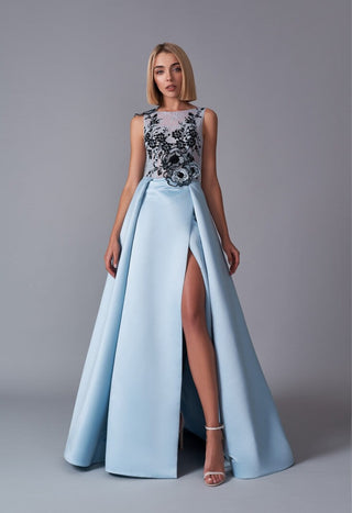 Evening Gown in Red/Sky Blue with a Front Slit - Miss Mirelle