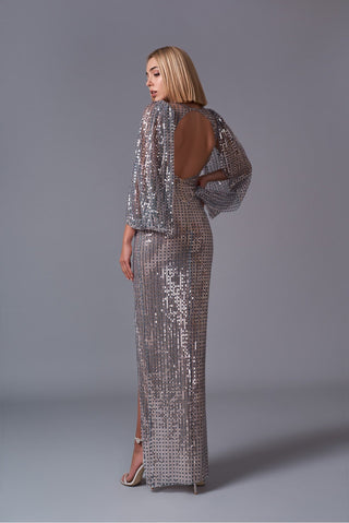 Sequined Open Back Gown with a High Slit - Miss Mirelle