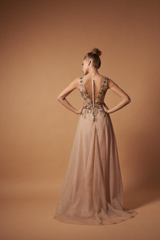 Beaded Embroidered Nude Champagne Gown - Miss Mirelle