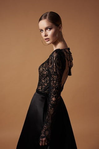 Black Wedding Gown with Dramatic Lace Bodice S Size